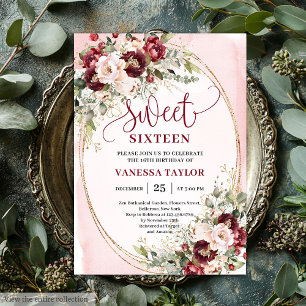 Convite Stylish Blush Burgundy Floral Sweet Sixtee