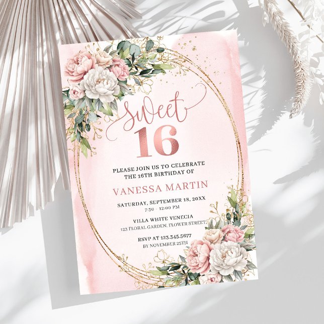 Convite Stylish Blush Pink Floral Greenery Sweet Sixteen  (Stylish Blush Pink Floral Greenery Sweet Sixteen Invitation

)