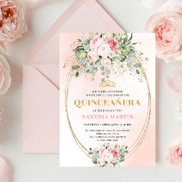 Convite Stylish Blush Roses Greenery Quinceañera Invite