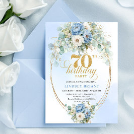 Convite Stylish Bohemian Blue Floral Eucalyptus 70th Bday