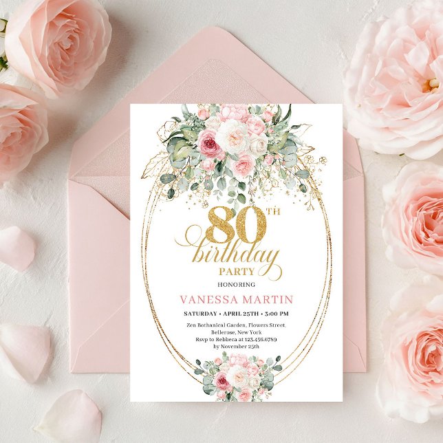 Convite Stylish Bohemian Blush Floral Minimal 80 Birthday (Stylish Bohemian Blush Floral Minimal 80th Birthday)