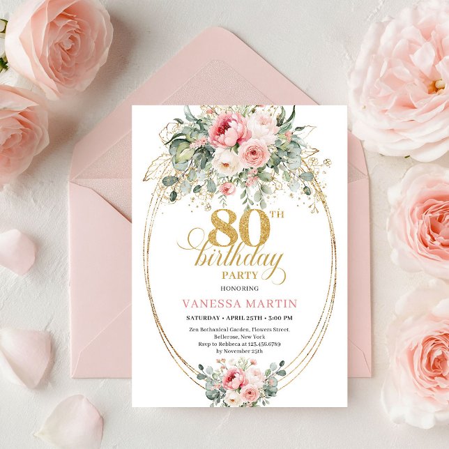Convite Stylish Bohemian Blush Roses 80th Birthday Invite (Stylish Bohemian Blush Roses 80th Birthday Invitation

)