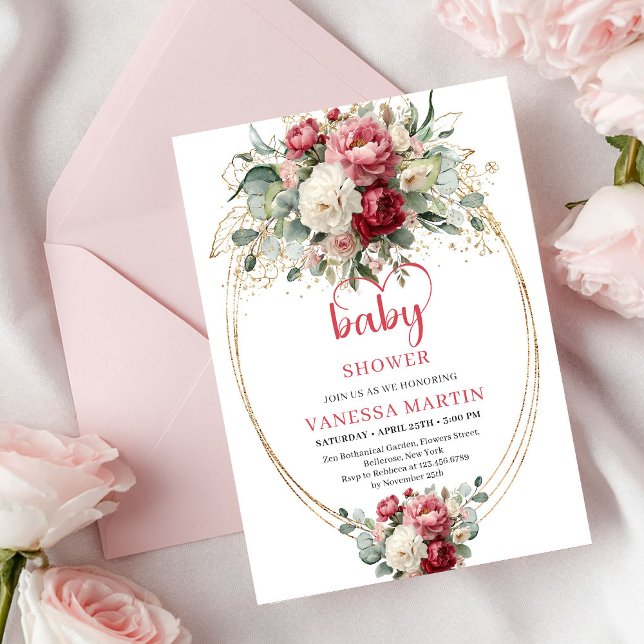 Convite Stylish Bohemian Burgundy White Gold Floral Baby  (Stylish Bohemian Burgundy White Gold Floral Baby Invite)