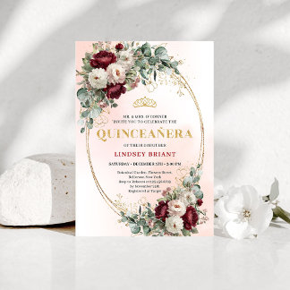 Convite Stylish Bohemian Maroon Flowers Gold 15th Birthday