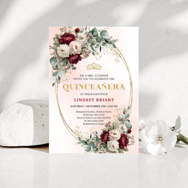Convite Stylish Bohemian Maroon Flowers Gold 15th Birthday (Stylish Bohemian Maroon Flowers 15th Birthday Invite)