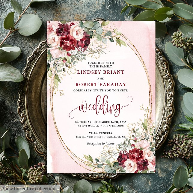 Convite Stylish Boho Burgundy Blush Gold Floral Invitation (Stylish Boho Burgundy Blush Gold Floral Invitation)