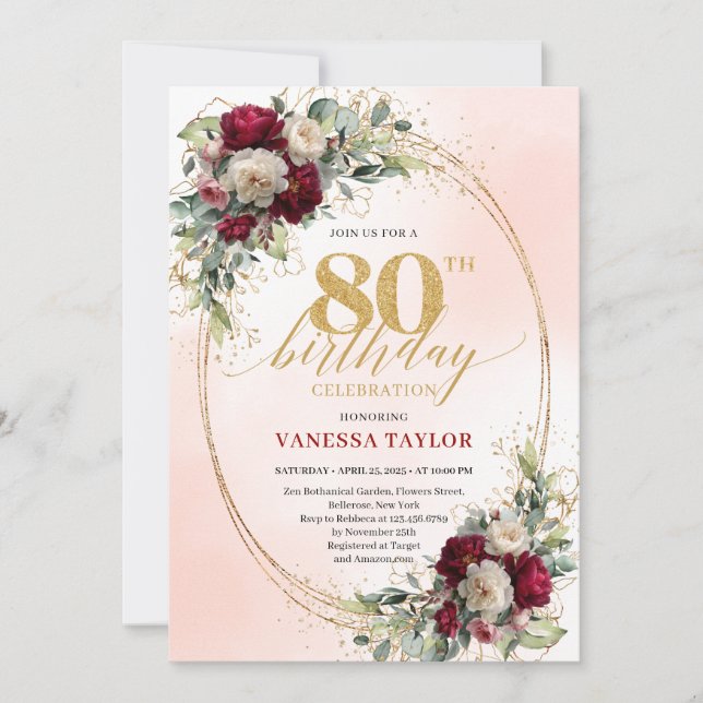Convite Stylish Boho Burgundy Gold 80th Birthday Invitatio (Frente)