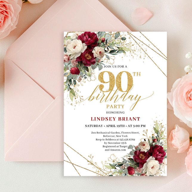 Convite Stylish Boho Merlot White Gold Roses 90th Birthday (Classic Burgundy White Gold Roses 90th Birthday Card

)