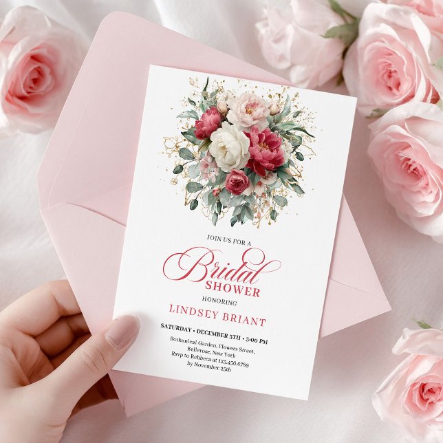 Convite Stylish Boho Red White Gold Floral Bridal Shower   (Stylish Boho Red White Gold Floral Bridal Shower Card

)