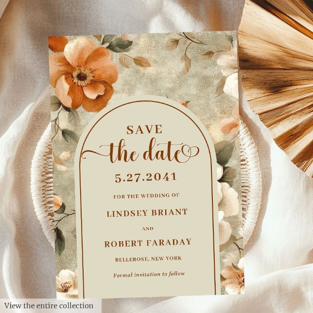 Convite Stylish Boho Terracotta Ivory Floral Save The Date (Stylish Boho Terracotta Ivory Floral Save The Date)