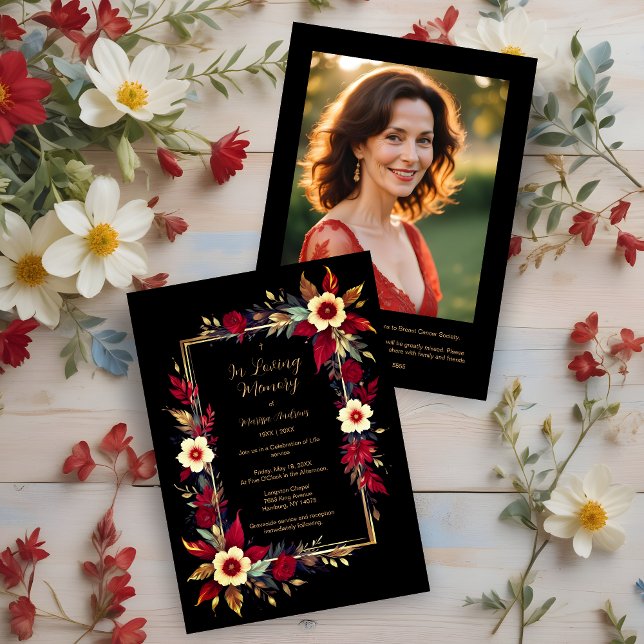 Convite Stylish Botanical Red Shades Frame Photo Funeral (Stylish Botanical Red Shades Frame Photo Funeral Invitation Card. )