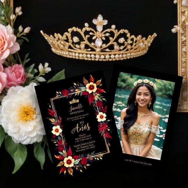 Convite  Stylish Botanical Red Shades Frame Photo Spanish  (Stylish Botanical Red Shades Frame Photo Spanish Photo Quinceañera Invitations)