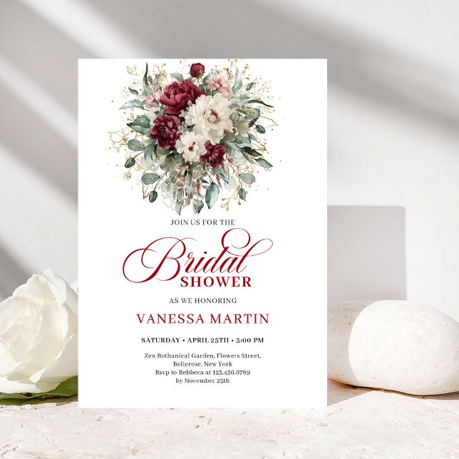 Convite Stylish Burgundy Botanical Bridal Shower Invitatio (Stylish Burgundy Botanical Bridal Shower Invitation)
