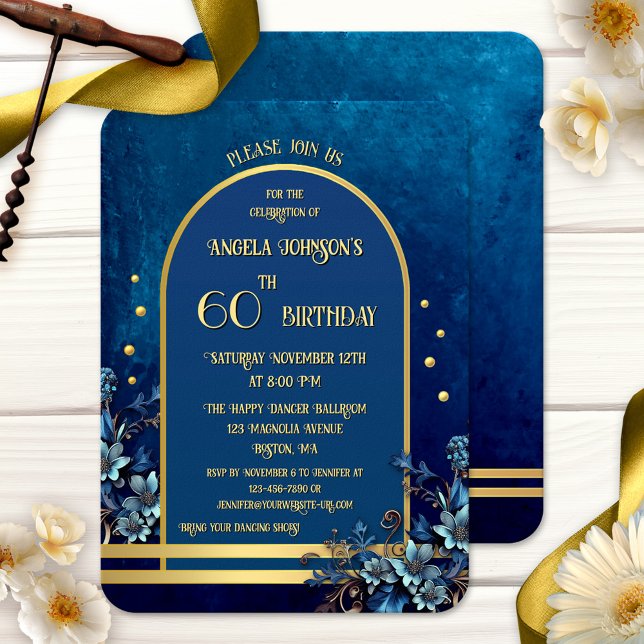 Convite Stylish Classic Blue Gold Floral Birthday (Adult birthday party invitation featuring a classic blue design with flowers and golden accents)