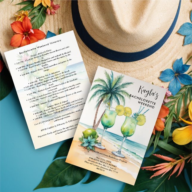 Convite Stylish Cute tropical Margarita Cocktail Glasses  (Stylish Cute Tropical Margarita Cocktail Glasses Elegant Bachelorette Party Weekend Invitations Card)