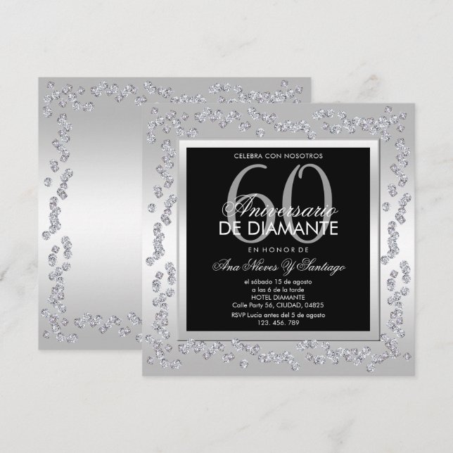 Convite Stylish Diamonds Silver 60th Wedding Anniversary (Frente/Verso)