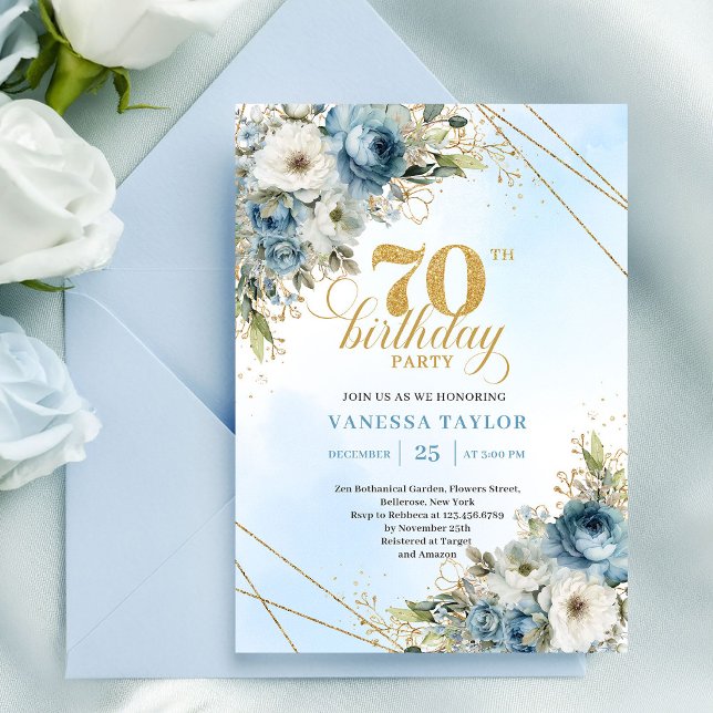 Convite Stylish dusty blue eucalyptus gold 70th birthday  (Stylish dusty blue eucalyptus gold 70th birthday invite

)