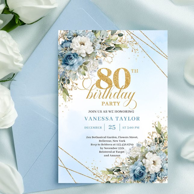 Convite Stylish Dusty Blue Floral Gold 80th Birthday Invit (Stylish Dusty Blue Floral Gold 80th Birthday Invite Pro

)