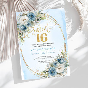 Convite Stylish Dusty Blue Floral Gold Sweet 16
