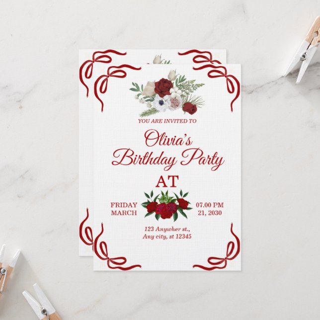 Convite Stylish Floral Birthday Invitation Card (Frente/Verso In Situ)