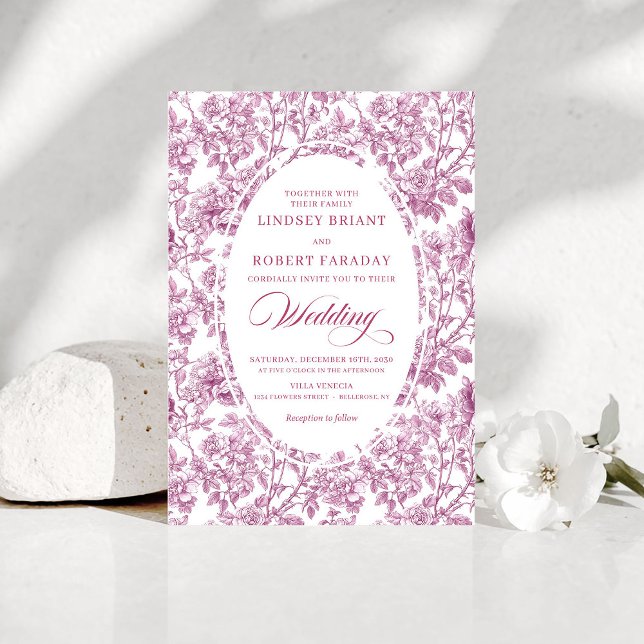 Convite Stylish Fuchsia Rose Gold Toile Floral Wedding  (Stylish Fuchsia Rose Gold Toile Floral Wedding Invitation)