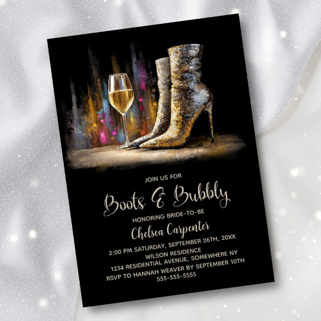 Convite Stylish Gold Sequin Boots and Bubbly Bridal Shower (Criador carregado)
