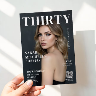 Convite Stylish Magazine Cover Photo 30th Birthday QR Code