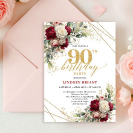 Convite Stylish Marsala Gold Roses 90th Birthday Invitatio