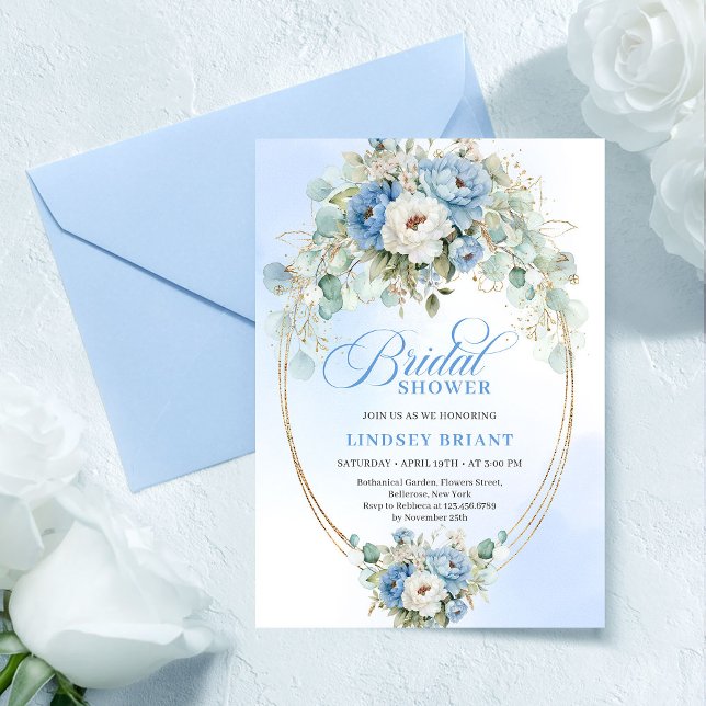 Convite Stylish Pastel Blue Peony Gold Bridal Shower Card (Stylish Pastel Blue Peony Gold Bridal Shower Card

)