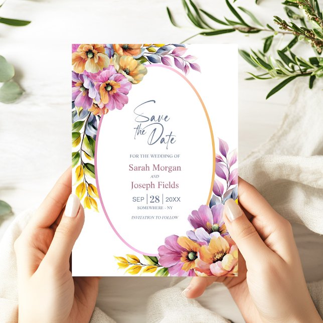 Convite Stylish Pink and Orange Floral Save the Date (Criador carregado)