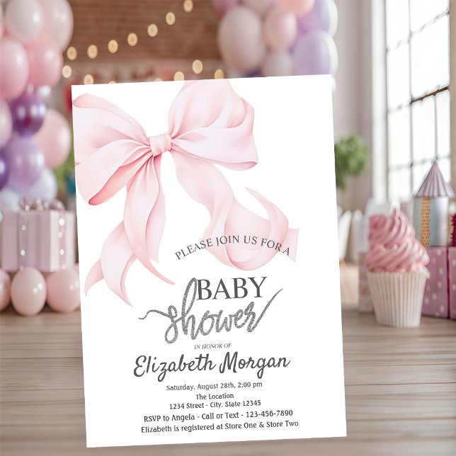 Convite Stylish Pink Bow Striped Baby Shower (Criador carregado)