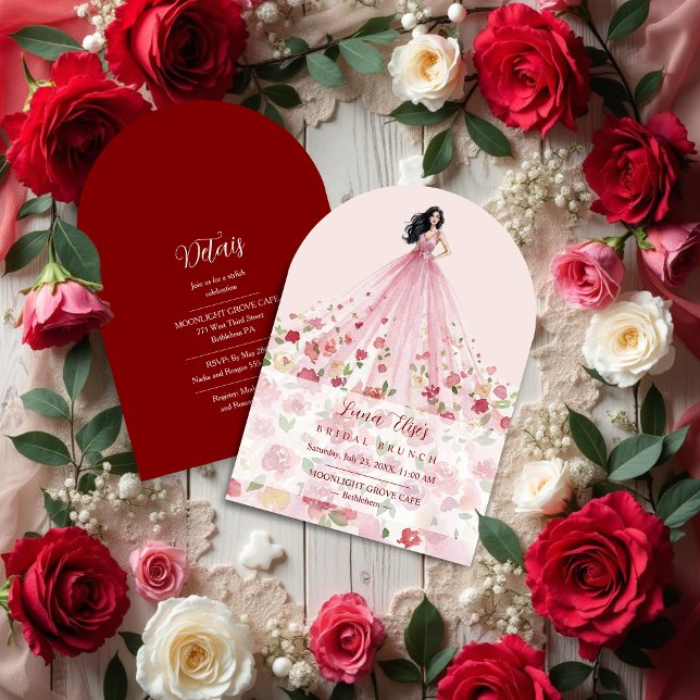 Convite Stylish Pink Floral Tulle Model Bridal Shower (Stylish Pink Floral Tulle Bridal Shower Invitation Featuring Watercolor Effect Woman Illustration.)