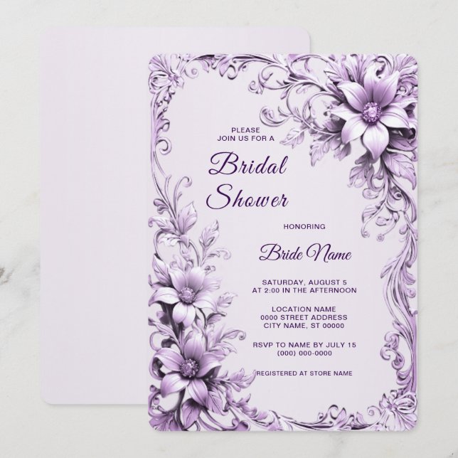 Convite Stylish Purple Flowers Bridal Shower Invitation (Frente/Verso)