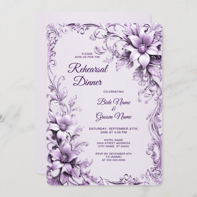 Convite Stylish Purple Flowers Rehearsal Dinner (Frente/Verso)