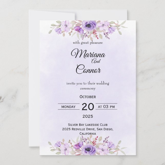 Convite Stylish Purple Minimalist Floral Wedding  (Frente)