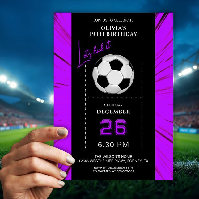 Convite Stylish Purple Soccer Birthday Invitation (Criador carregado)