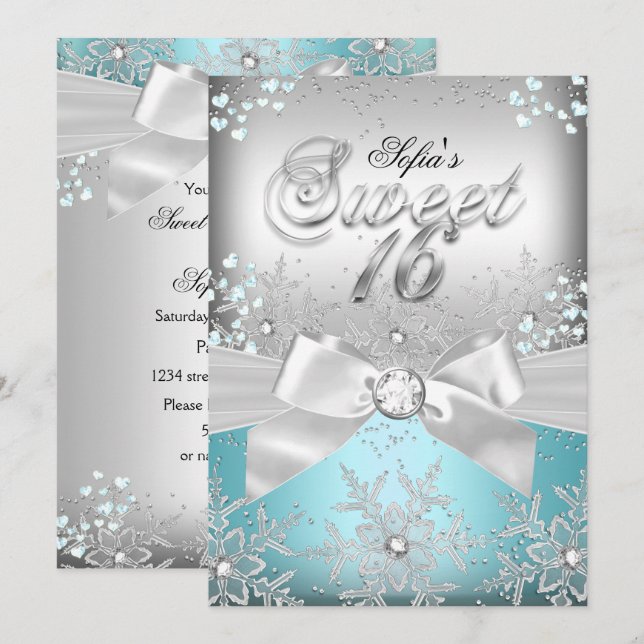 Convite Stylish Silver Bow Blue Jewel Sweet Sixtee (Frente/Verso)
