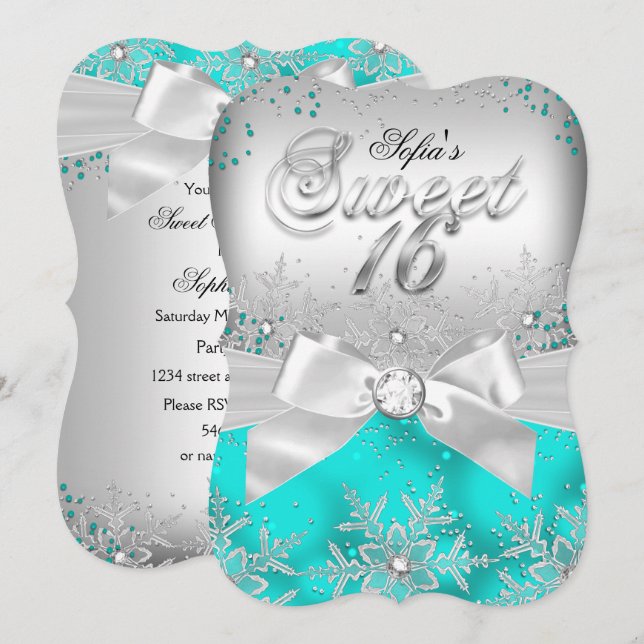Convite Stylish Silver Bow Teal Jewel Sweet Sixtee (Frente/Verso)