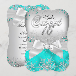 Convite Stylish Silver Bow Teal Jewel Sweet Sixtee