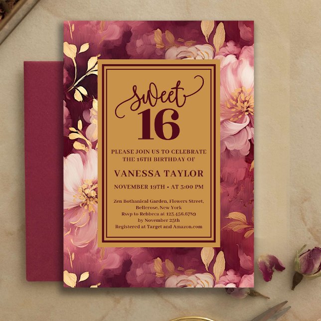 Convite Stylish Sweet Sixteen Marsala Blush Gold Invite (Stylish Sweet Sixteen Marsala Blush Gold Invite)