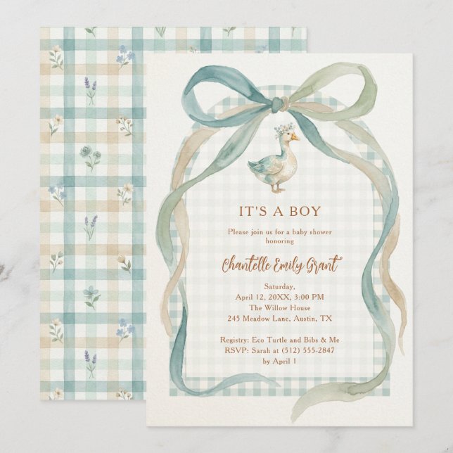 Convite Stylish Sweet Teal Bow Goose Baby Shower TMF26 (Frente/Verso)
