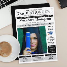 Convite Stylish Unique Black  Newspaper Graduate Student