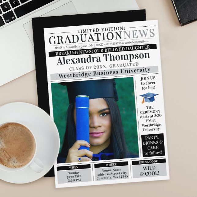 Convite Stylish Unique Black  Newspaper Graduate Student (Criador carregado)