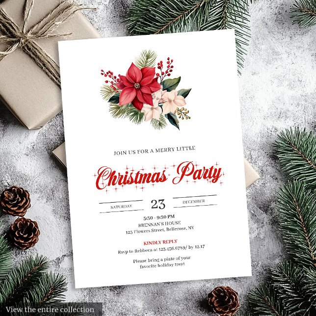 Convite Stylish Watercolor Poinsettia Floral Christmas  (Stylish Watercolor Poinsettia Floral Christmas Invitation)