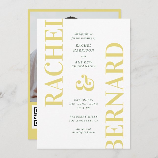 Convite Stylish Yellow & Green Typography QR Code Wedding (Frente/Verso)