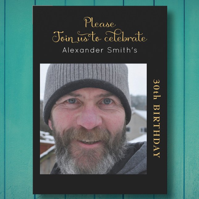 Convite Sua aniversário de 30 anos de Foto Preta E Dourada (Criador carregado)