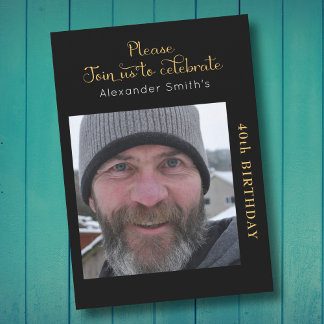 Convite Sua aniversário de 40 anos de Foto Preta E Dourada