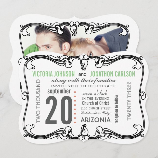 Convite Sua Foto Arte Deco Retro Casamento (Frente/Verso)