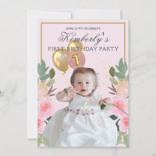 Convite Sua Foto Bonita em Rosa Menina Personalizada Prime