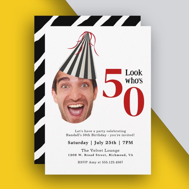 Convite Sua foto com o festival divertimento 50º aniversár (Personalize this fun 50th birthday party invite with your photo and party details.)